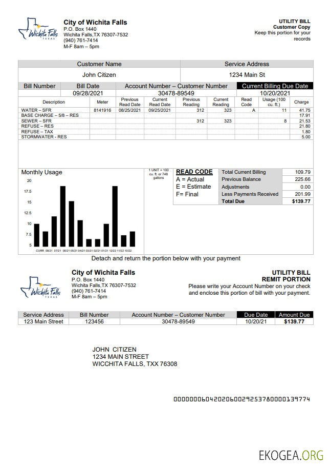 USA The City of Wichita Falls Utility bill template in Word and PDF format